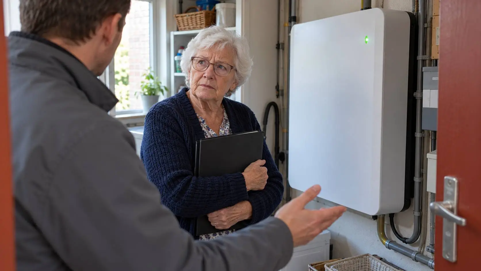 Oudere vrouw kijkt bezorgd naar een verkoper naast een thuisbatterij in haar bijkeuken.