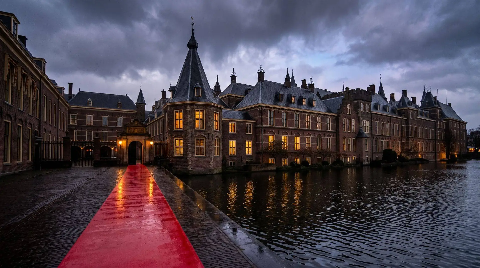 Het Binnenhof aan de Hofvijver bij valavond, met een rode loper naar de poort: Jettens gesprek met het Zwart Manifest