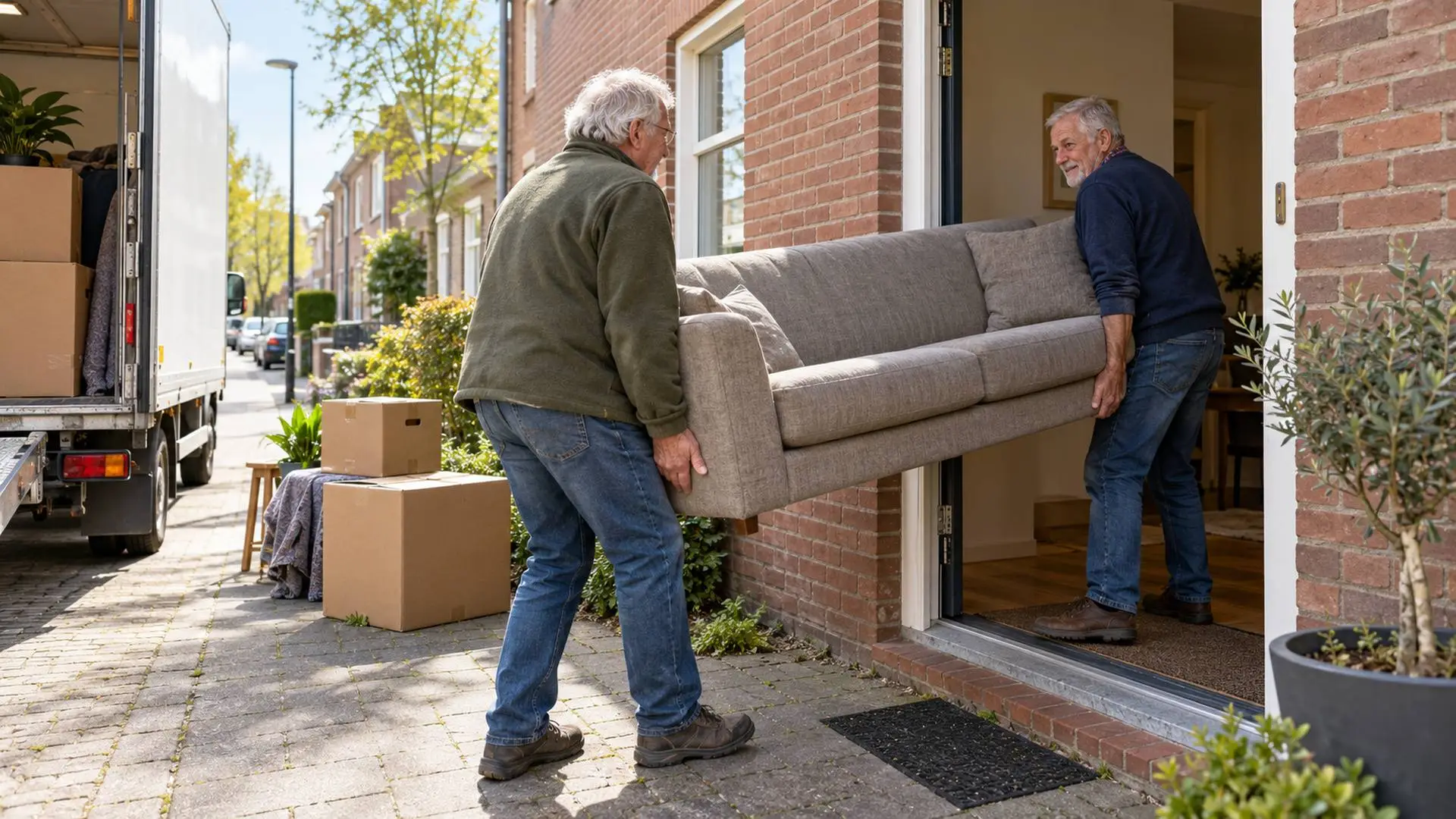 Twee oudere mannen dragen samen een bank een woning binnen, met verhuisdozen op de stoep en een verhuisbus op de achtergrond