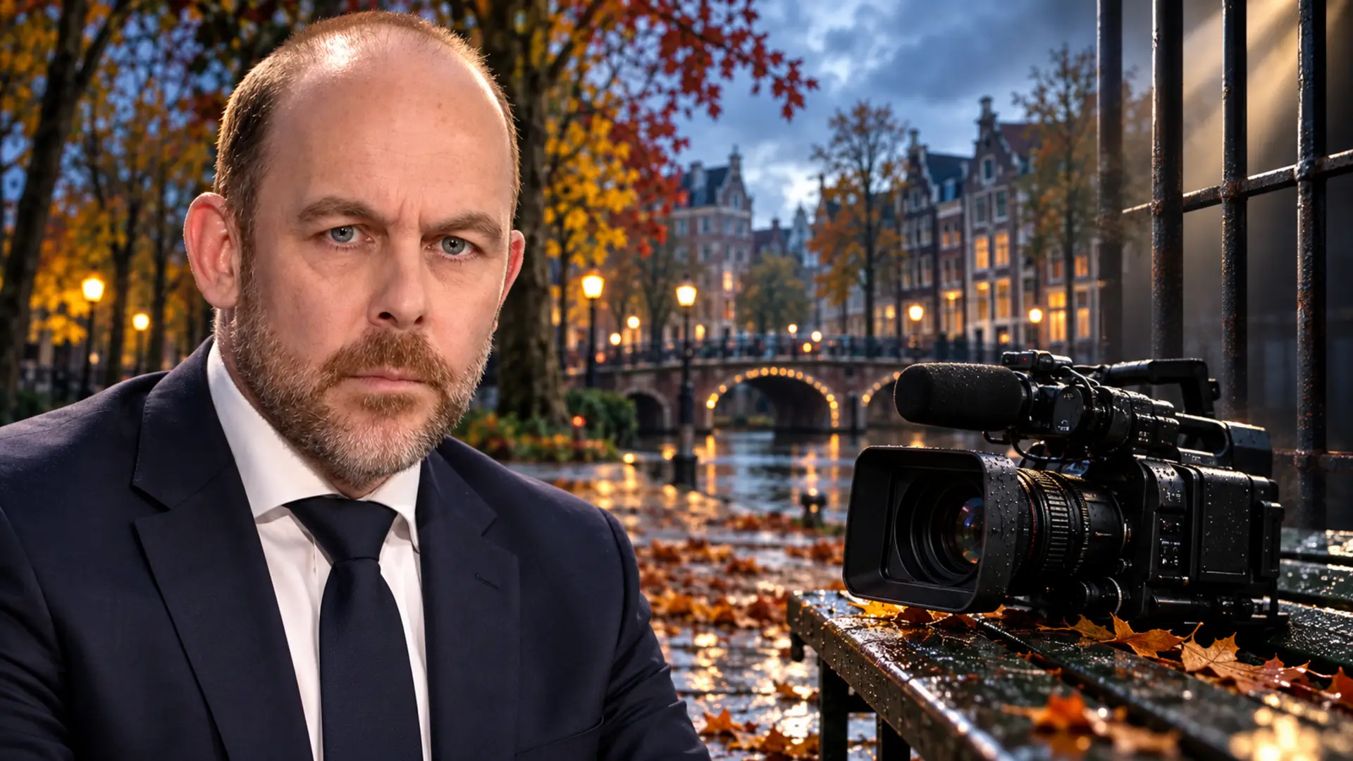 AI-portret van asielminister Bart van den Brink naast een tv-camera in een Amsterdams park bij avond