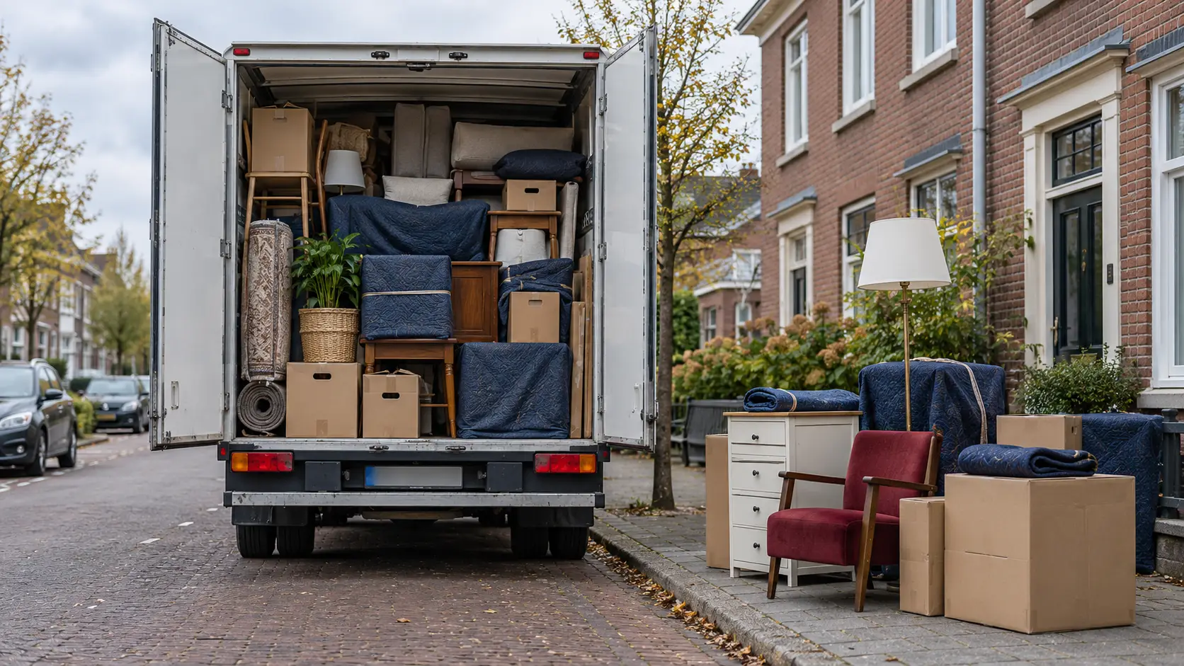 Verhuiswagen met open deuren en achtergebleven meubels op de stoep