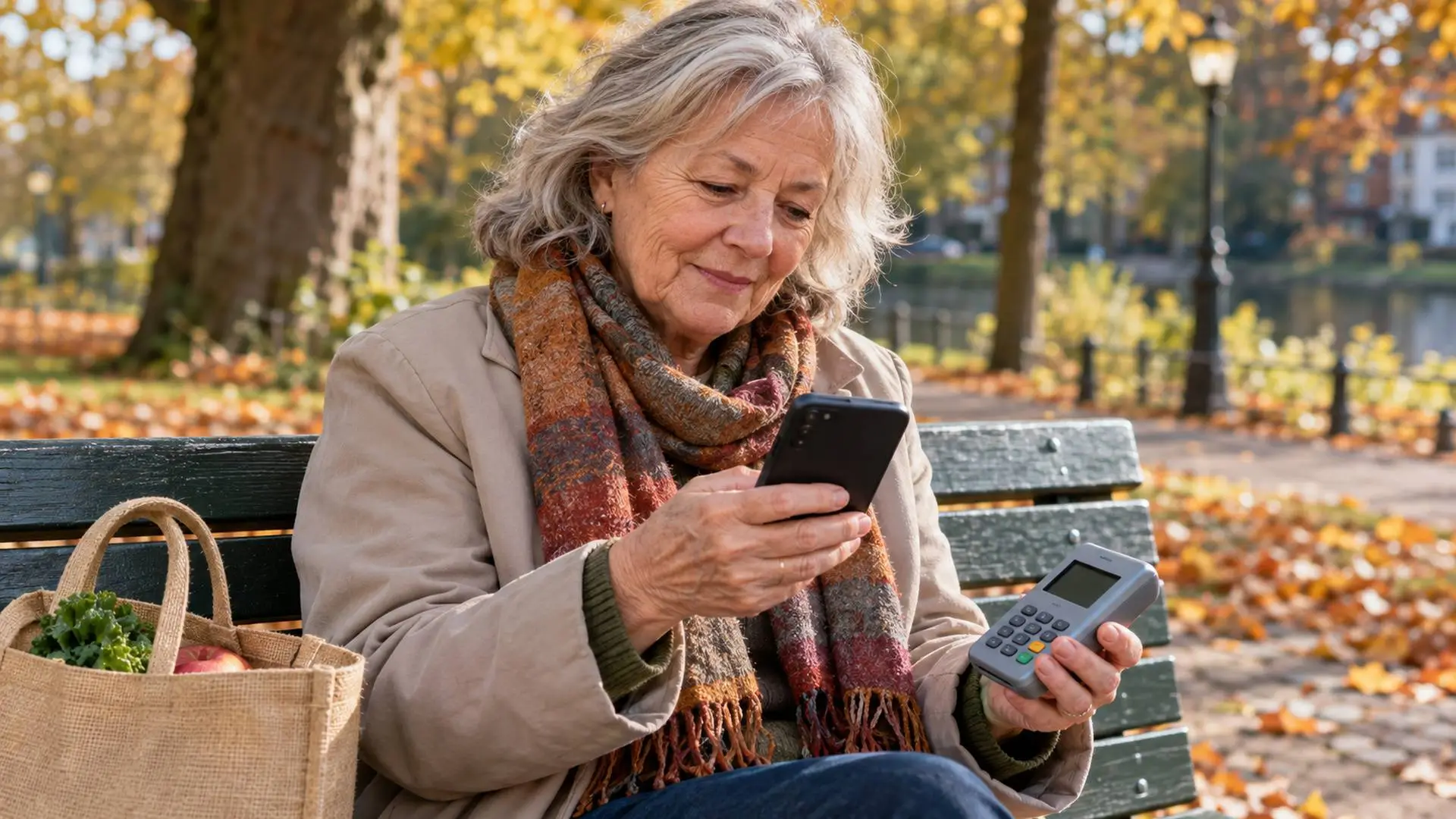 Vrouw van rond de achtenzestig op een parkbankje keurt een betaling goed op haar telefoon, met een kaartlezer in de hand.