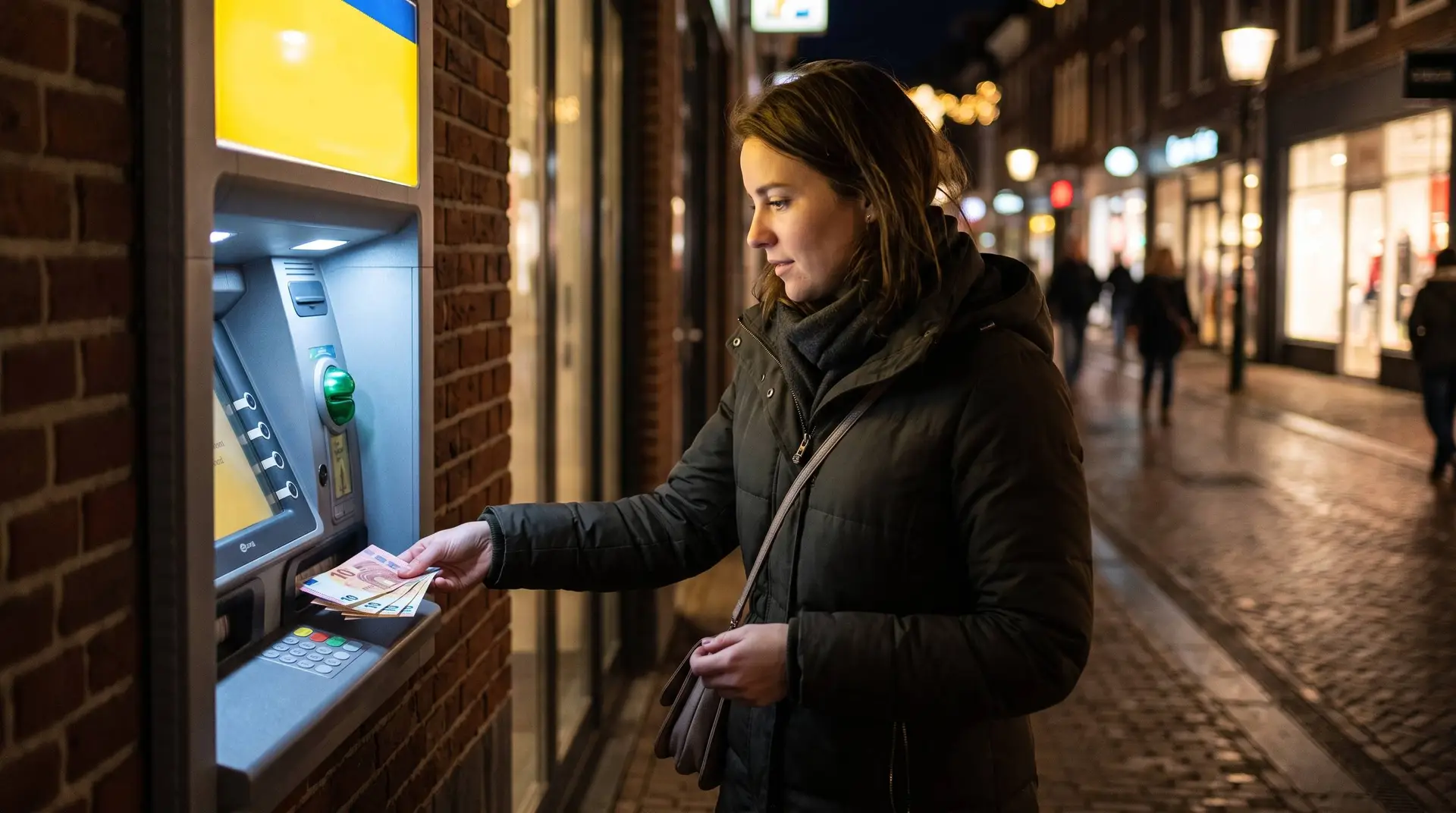 Jonge vrouw pakt 's avonds eurobiljetten uit een geldautomaat in een winkelstraat, met onscherpe etalages erachter
