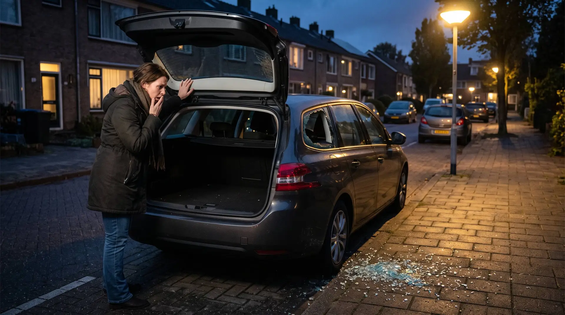 Vrouw kijkt 's avonds in de lege kofferbak van haar auto in een woonstraat, met glasscherven op de stoep
