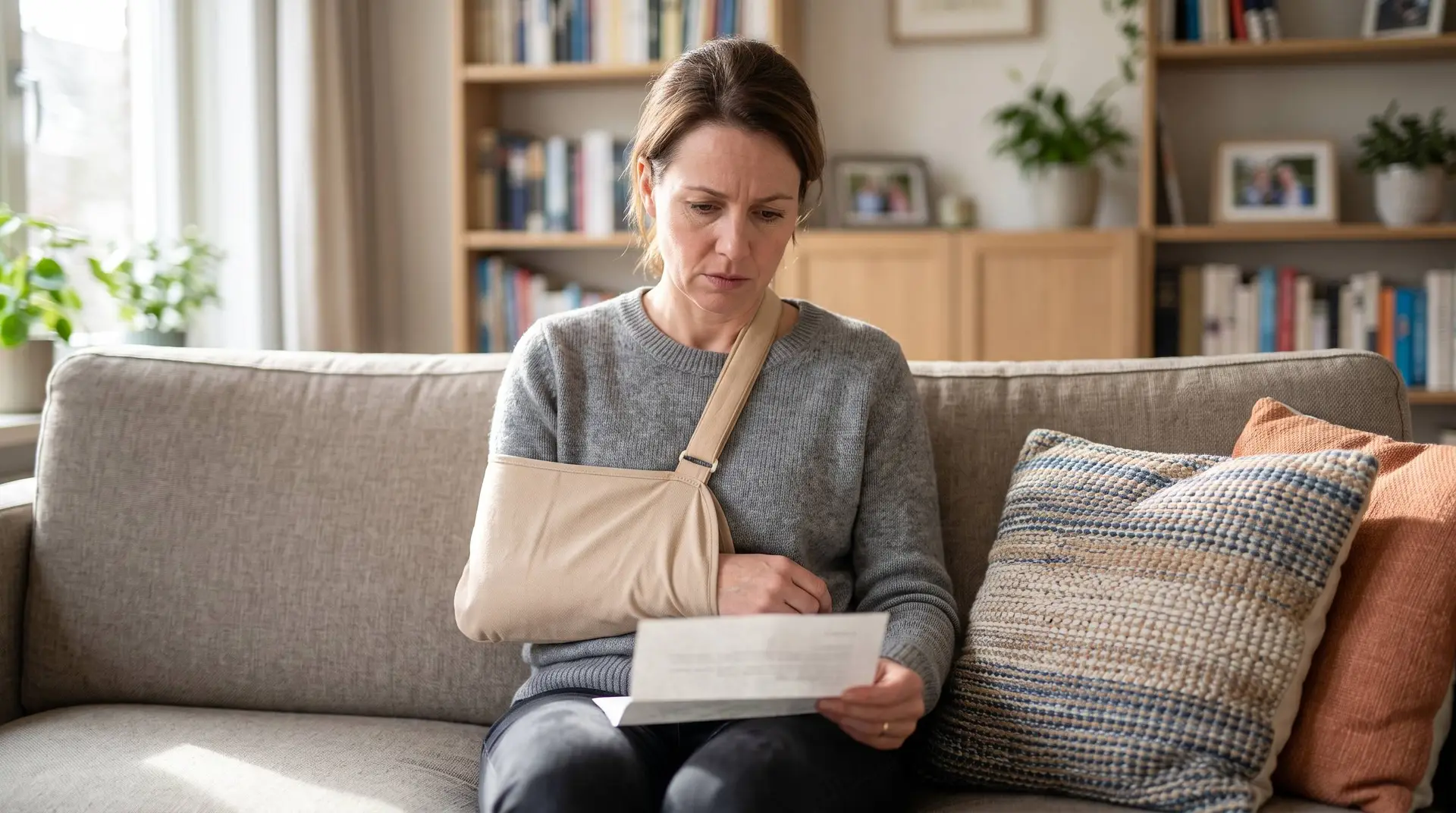 Vrouw met haar arm in een mitella zit op de bank en leest een brief, naast haar liggen sierkussens