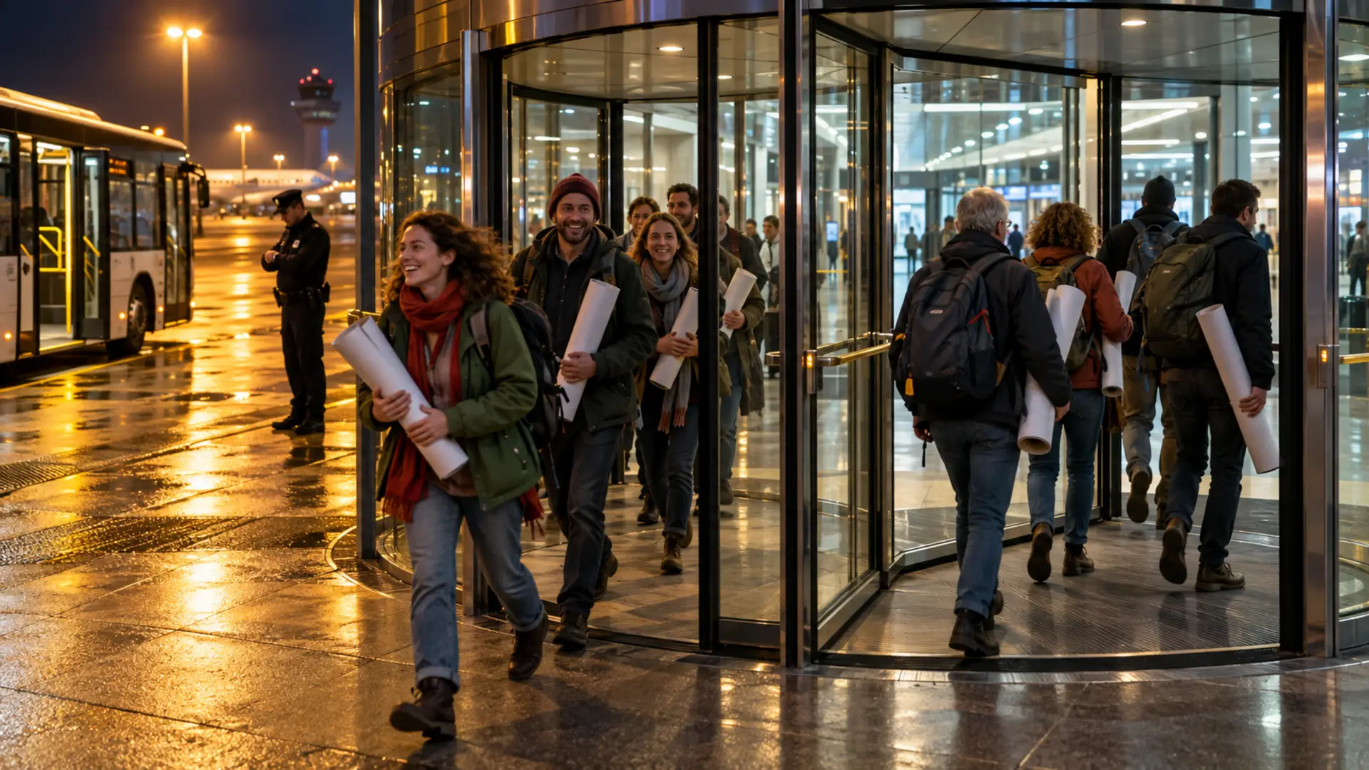Klimaatactivisten met opgerolde spandoeken in de draaideur van een luchthaven, met buiten een wachtende bus