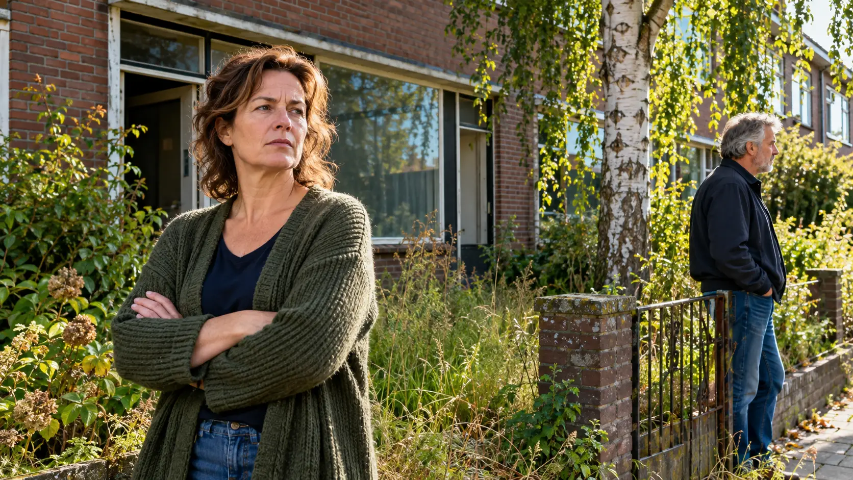 Vrouw staat met gekruiste armen voor een leeg huis met verwilderde tuin, haar broer kijkt weg bij het hek