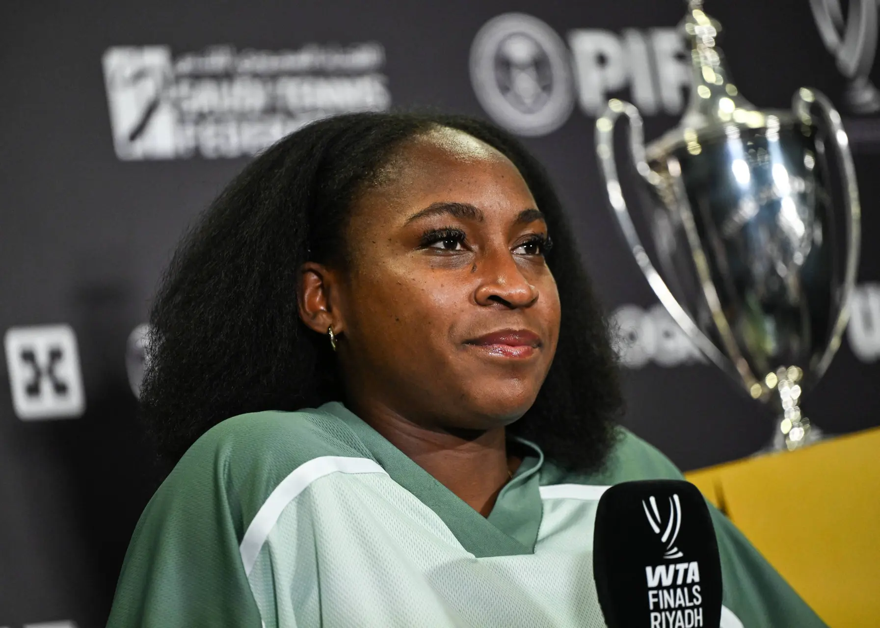 Coco Gauff speaking at the WTA Finals press conference