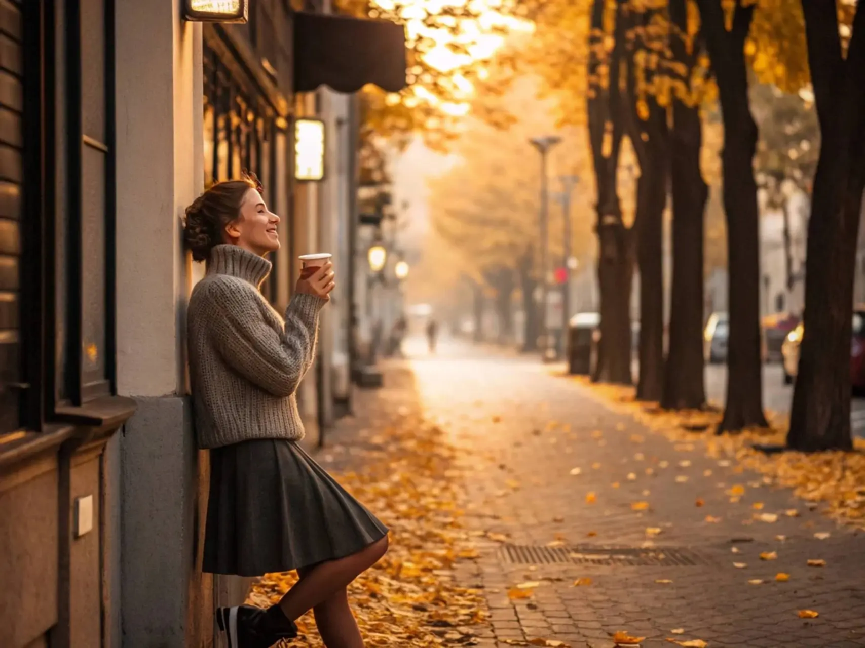 vrouw met koffie herfst