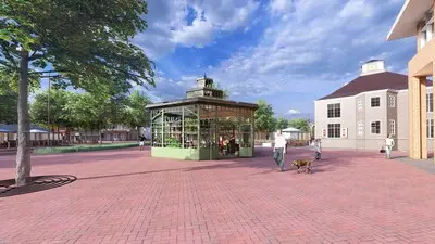een impressie van het marktpaviljoen op zijn beoogde plek aan de noordkant van de markt in valkenswaard