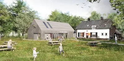een impressie van het nieuwe natuurcentrum aan de rand van de wielewaal