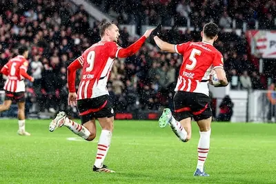 eindhoven 26 02 2025 psv stadium season 2024 2025 dutch football toto knvb beker psv player luuk de jong and psv player ivan perisic celebrating the goal during the match psv go ahead eagles cup