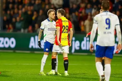 deventer stadium de adelaarshorst 01 03 2025 season 2024 2025 dutch eredivisie psv player noa lang and go ahead eagles player aske adelgaard during the match go ahead eagles psv