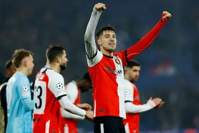 soccer football champions league knockout phase playoff first leg feyenoord v ac milan feyenoord stadium rotterdam netherlands february 12 2025 feyenoord s jakub moder celebrates after the match reuters piroschka van de wouw