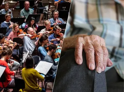 afgekocht het rotterdams philharmonisch orkest zit weer naast elkaar in de doelen de 1 5 meter is er niet meer ook geen rug maar naar het publiek hoe is dat voor de muzikanten foto frank de roo ouderdom hand oudere senior dagbesteding illustratie