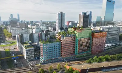 het nieuwe kantoorgebouw langs het spoor van het schiekadeblok