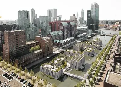 impressie van het plan voor de drijvende woonwijk in de spoorweghaven