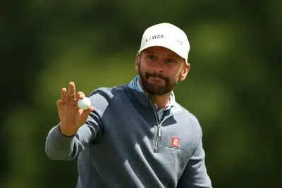 antwerp belgium may 22 joost luiten of netherlands acknowledges the crowd on the ninth green following his round on day one of the soudal open 2025 at rinkven international gc on may 22 2025 in antwerp belgium photo by luke walker getty images