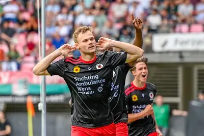 nijmegen 13 08 2023 goffertstadion dutch eredivisie football season 2023 2024 nec excelsior final result 3 4 excelsior player oscar uddenas celebrating the goal 3 4