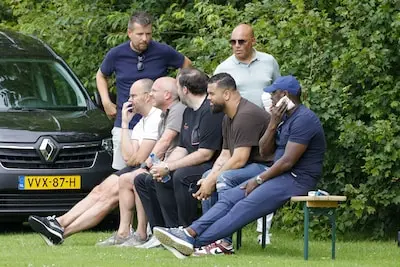serie afgekocht adr delden voetbal gerard nijkamp technisch directeur td manfred laros directeur wesley van der stam jesse gudde bart latuheru tijdens de oefenwedstrijd roda jc sparta rotterdam op sportpark sv delden foto carla vos cor vos 2024