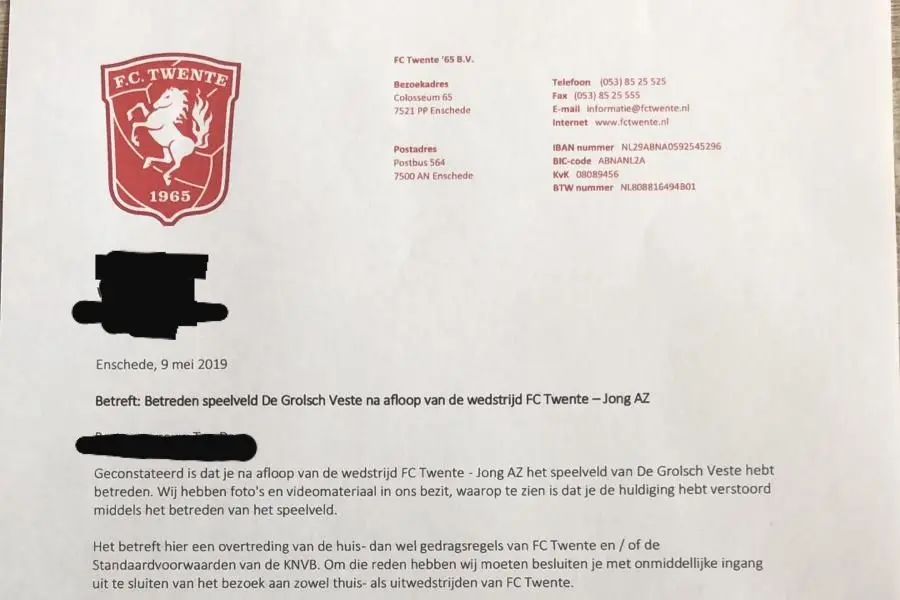 brief fc twente stadionverbod veldbestorming 2019