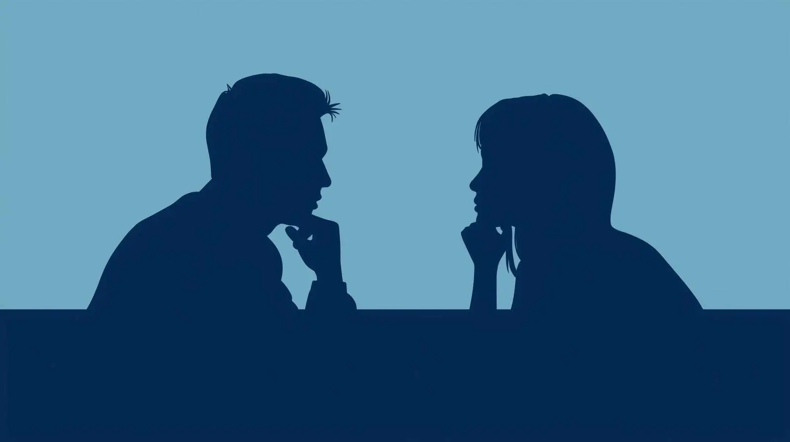 thoughtful intelligent couple having deep conversation, modern minimalist style_ of _hoogbegaafd stel in gesprek, moderne stijl_