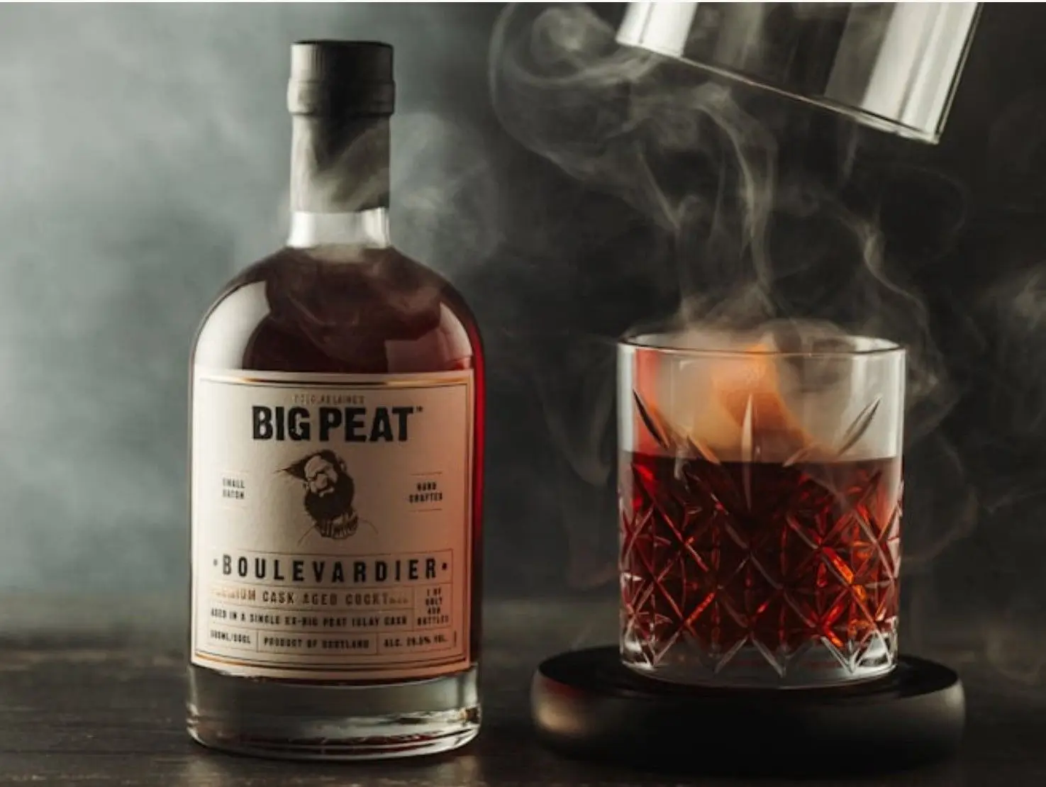 big peat boulevardier cask aged whisky cocktail