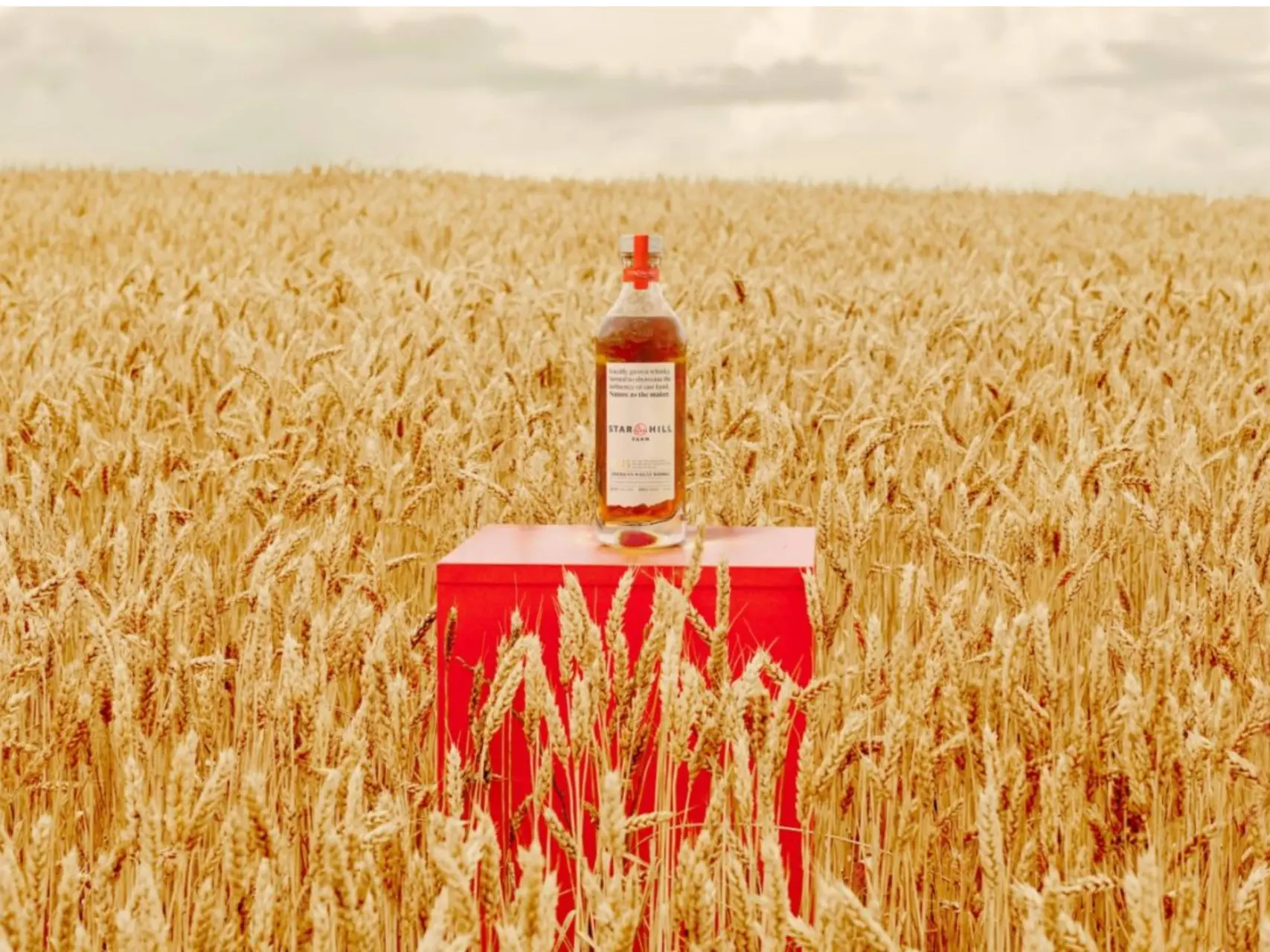 Een fles Star Hill Farm whisky midden in een graanveld op een rode kist