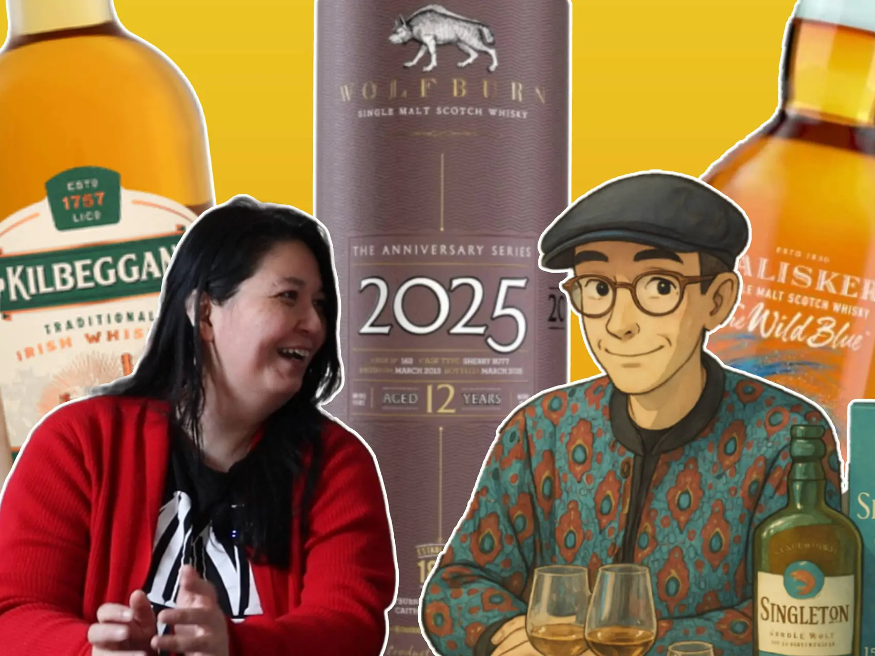 Rox en Theo met op de achtergrond drie flessen whisky: wolfburn, talisker en kilbeggan