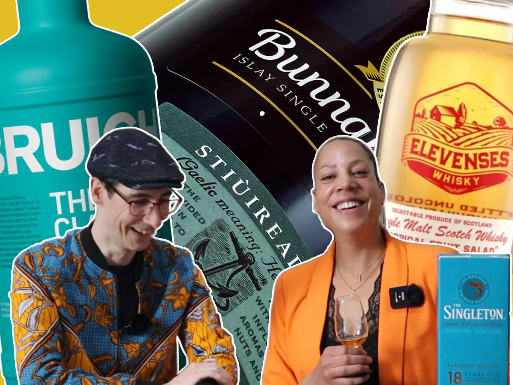 Whisky Weekend Show 12 cover met Theo en Petera tegen een achtergrond van BRuichladdich, Bunnahabhain en Elevenses whisky