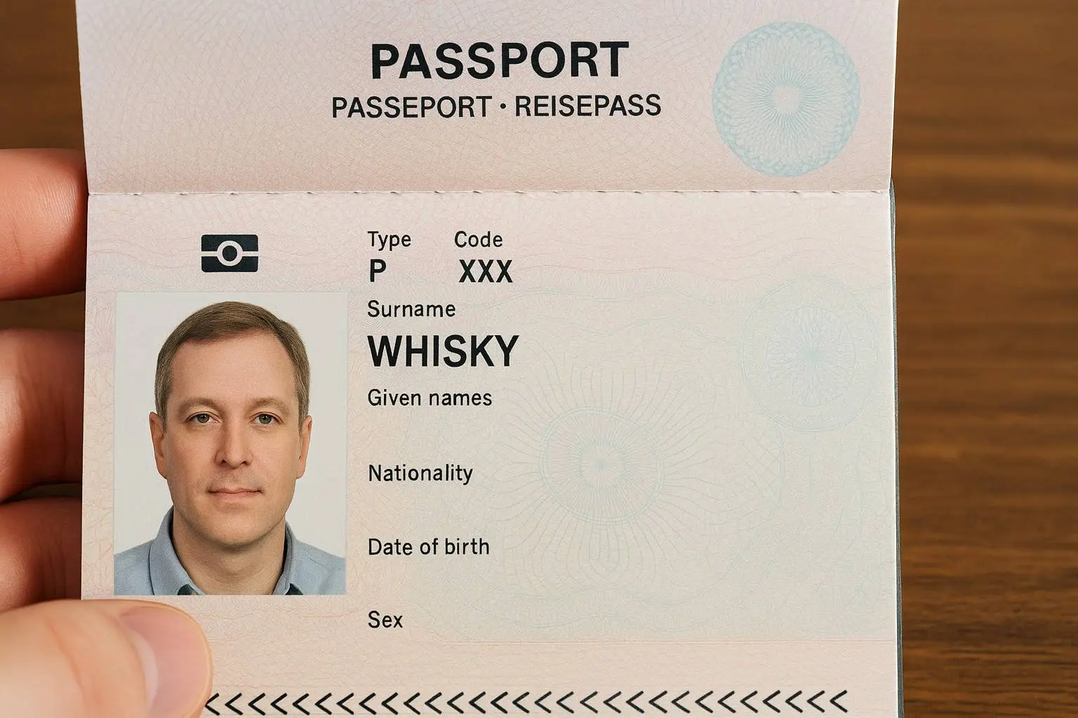 de achternaam whisky in een paspoort