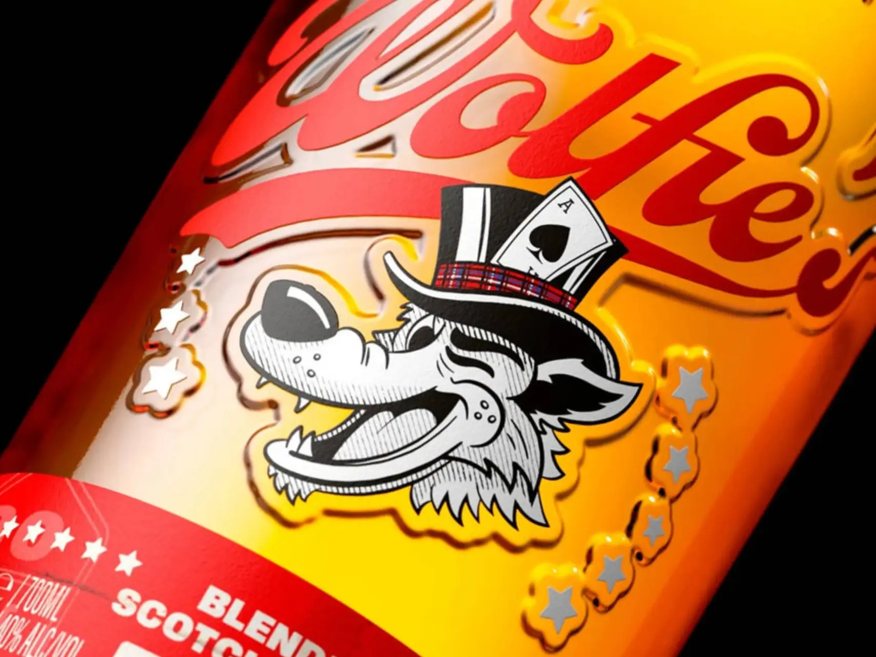 Wolfie's Whisky bottle close-up with logo
