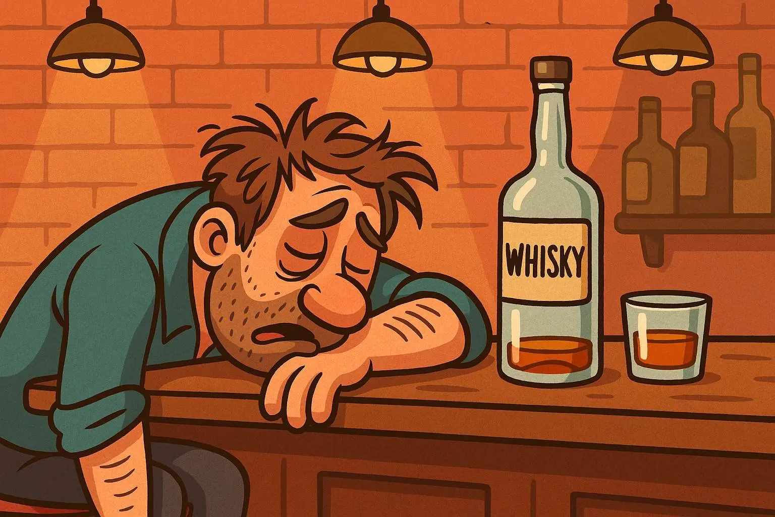 man slaapt aan bar na lege whisky