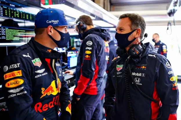 Verstappen Horner lachen België 2020jpg