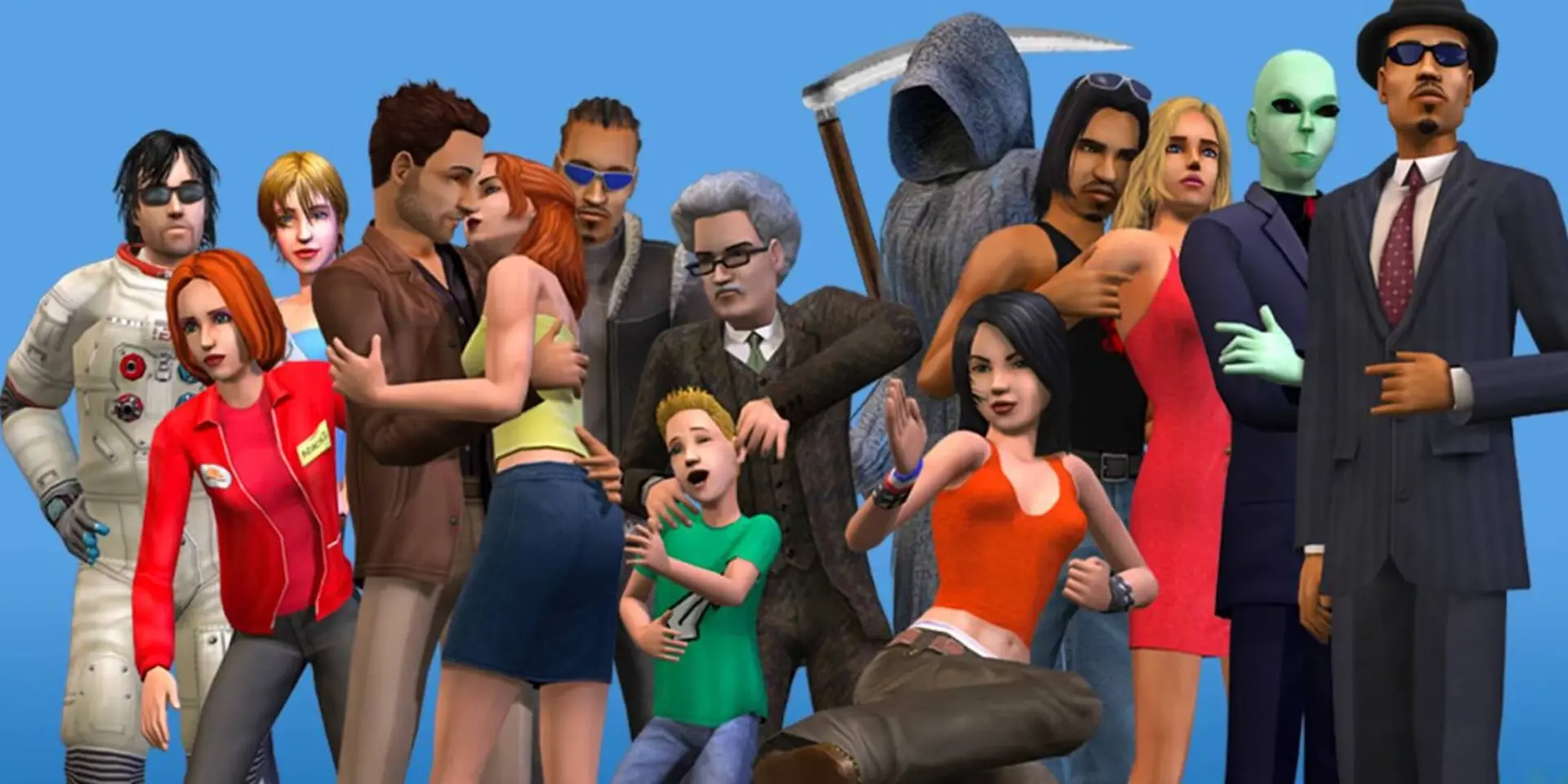 the sims 2 key art of characters standing over a blue background with the grim reaperjpg