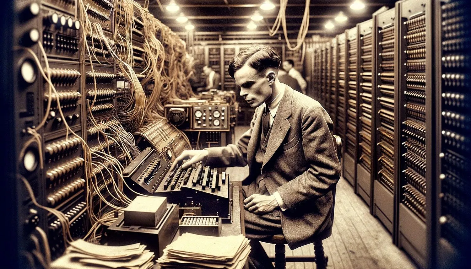 17-aiwereld-alan-turing-working-on-his-mega-computer-in-a-1940s