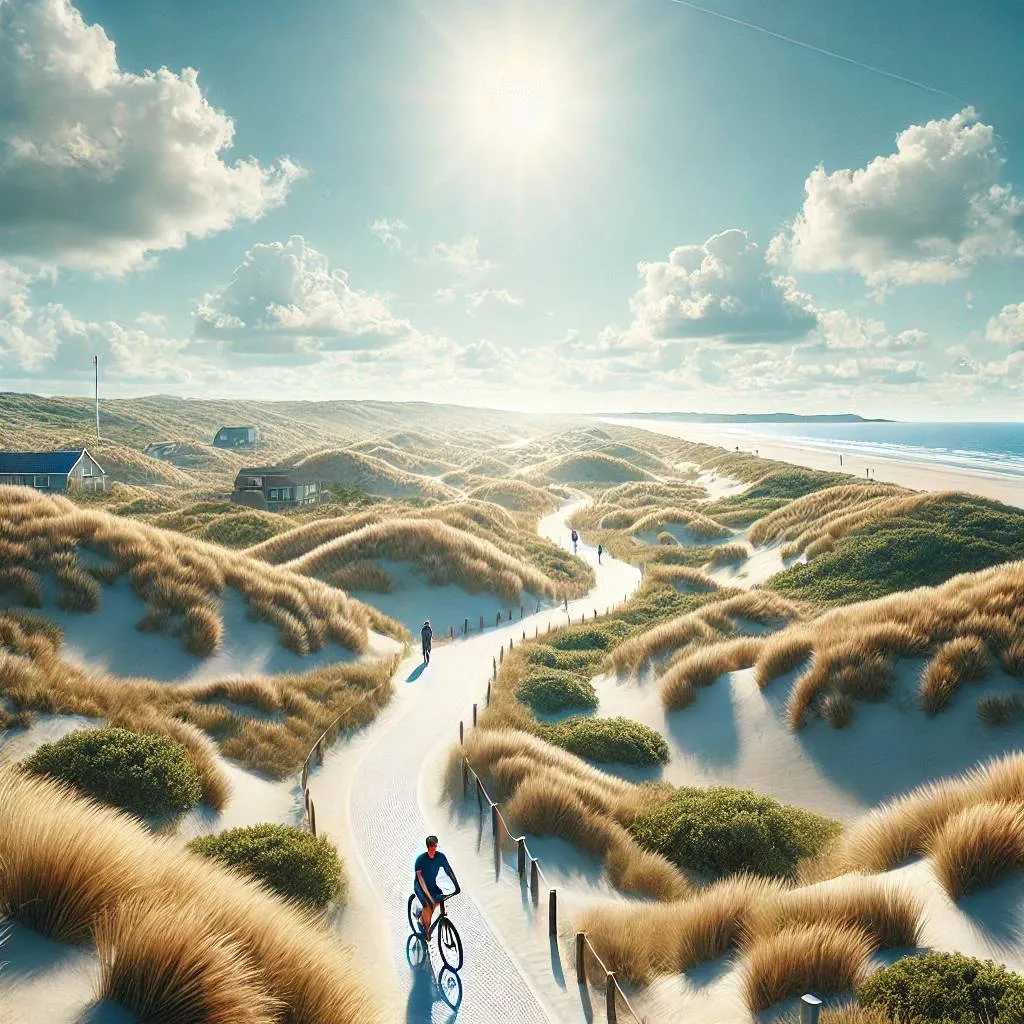 dalle 2025 02 25 105149 a realistic view of amelands coastal dunes with a bright blue sky and clean fresh air the image showcases rolling sand dunes covered in natural grajpg