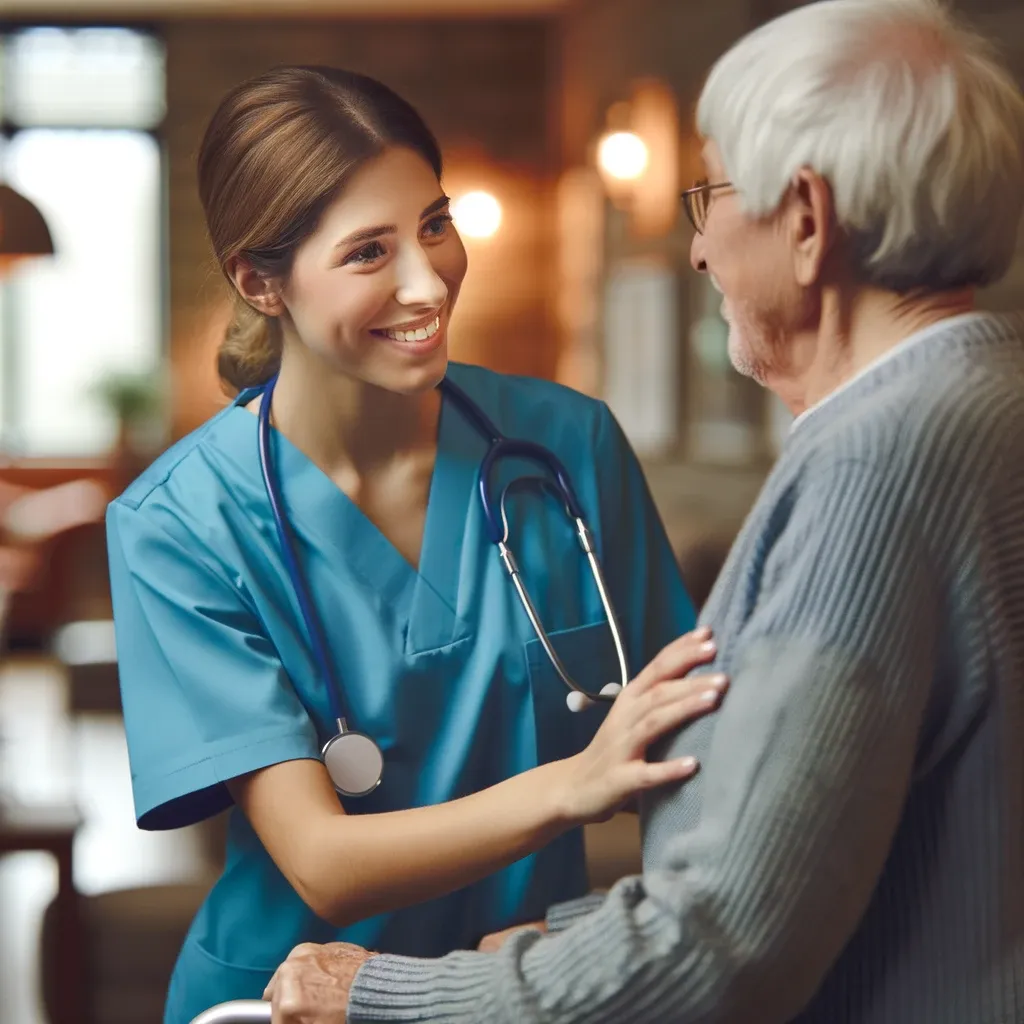 dalle 2023 11 23 135214 an empathetic and professional nurse in elderly care wearing scrubs with a reassuring smile assisting an elderly person with a walker the environm