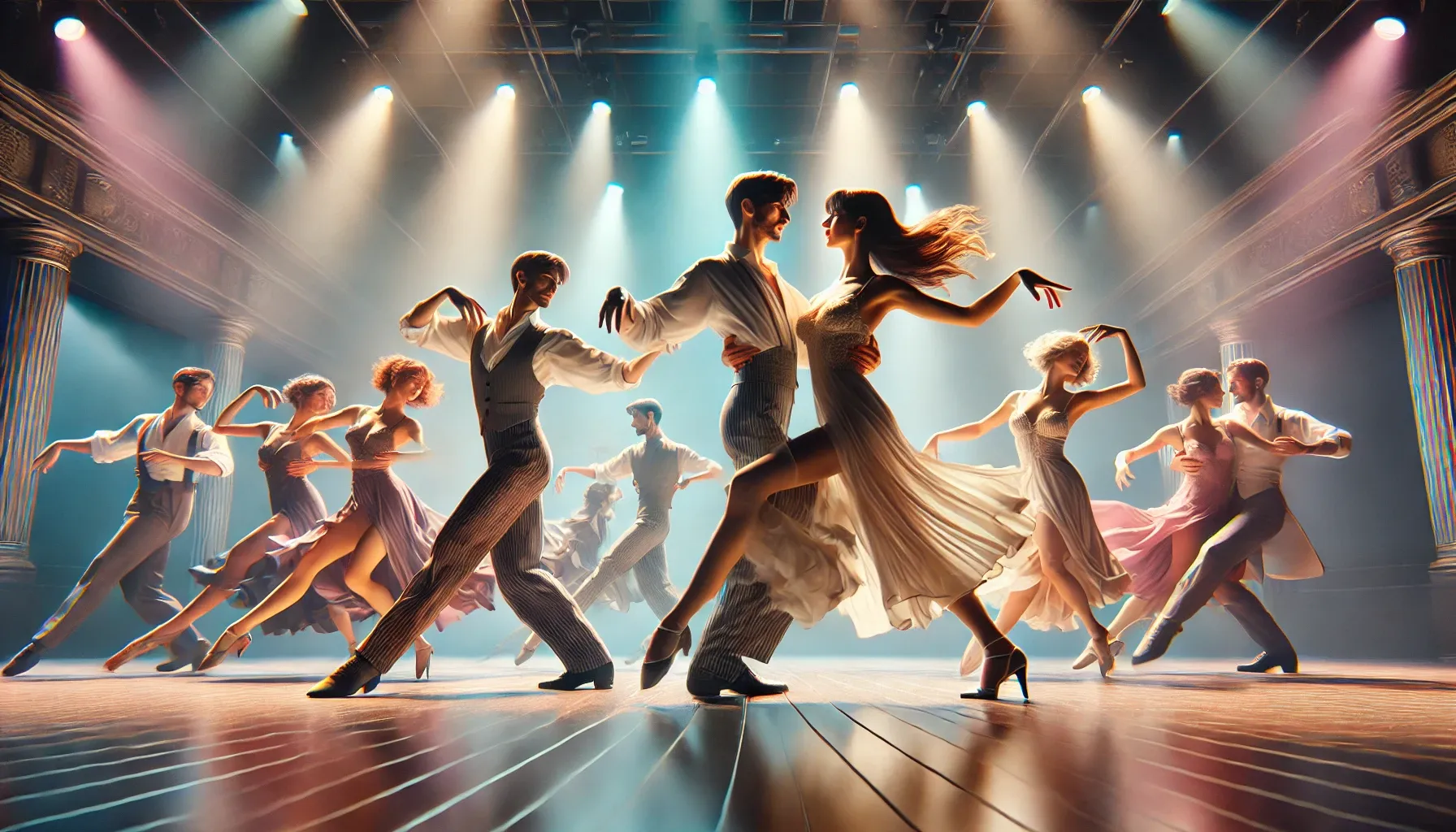 dalle 2024 07 08 114224 a group of realistic dancers and danseuses performing on a stage they are dressed in elegant dance attire with the women wearing flowing dresses and
