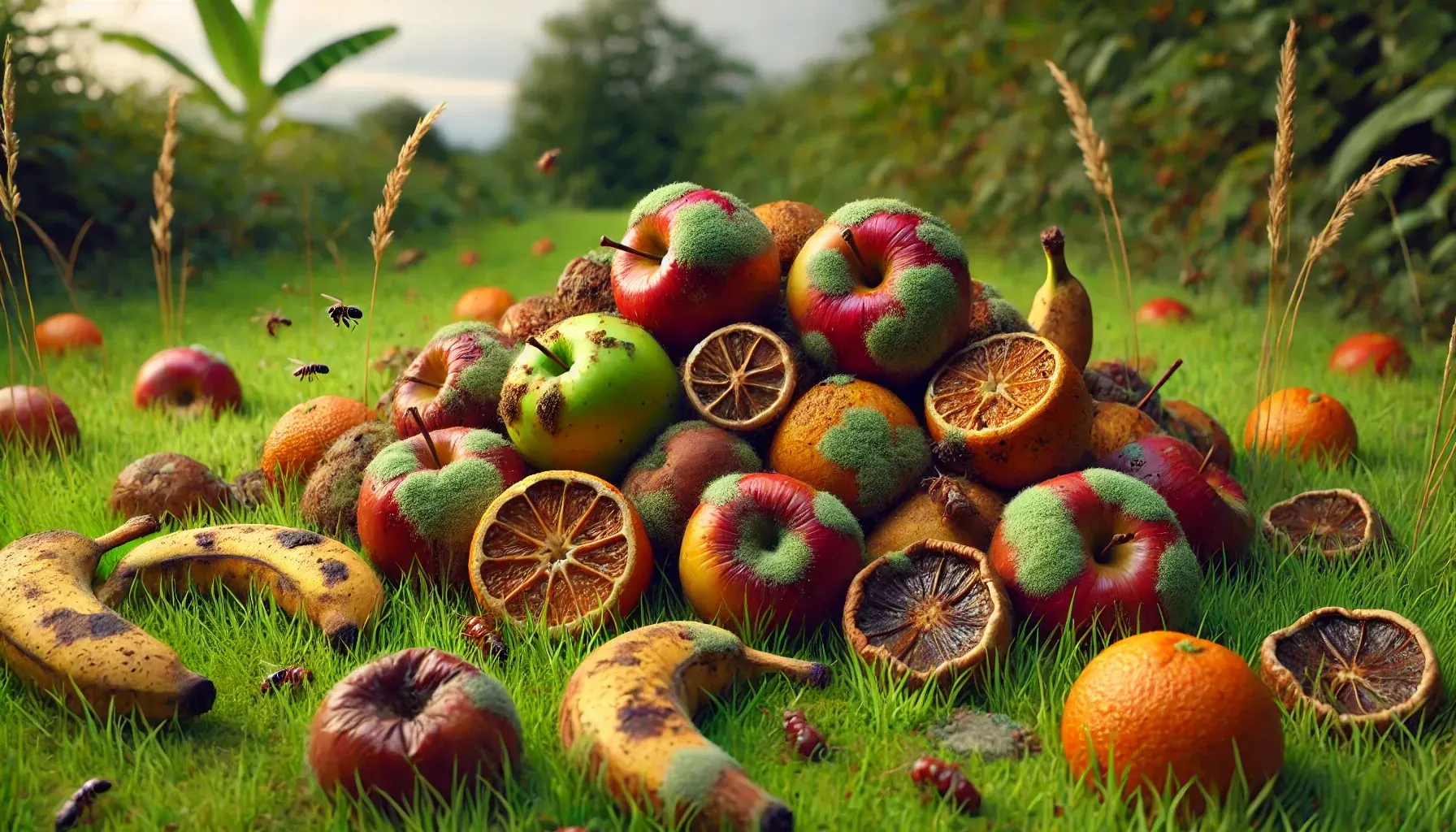dalle 2024 10 08 121901 a scene of rotting fruit scattered on a grassy field the fruits include apples oranges and bananas showing signs of decay such as mold brown spot