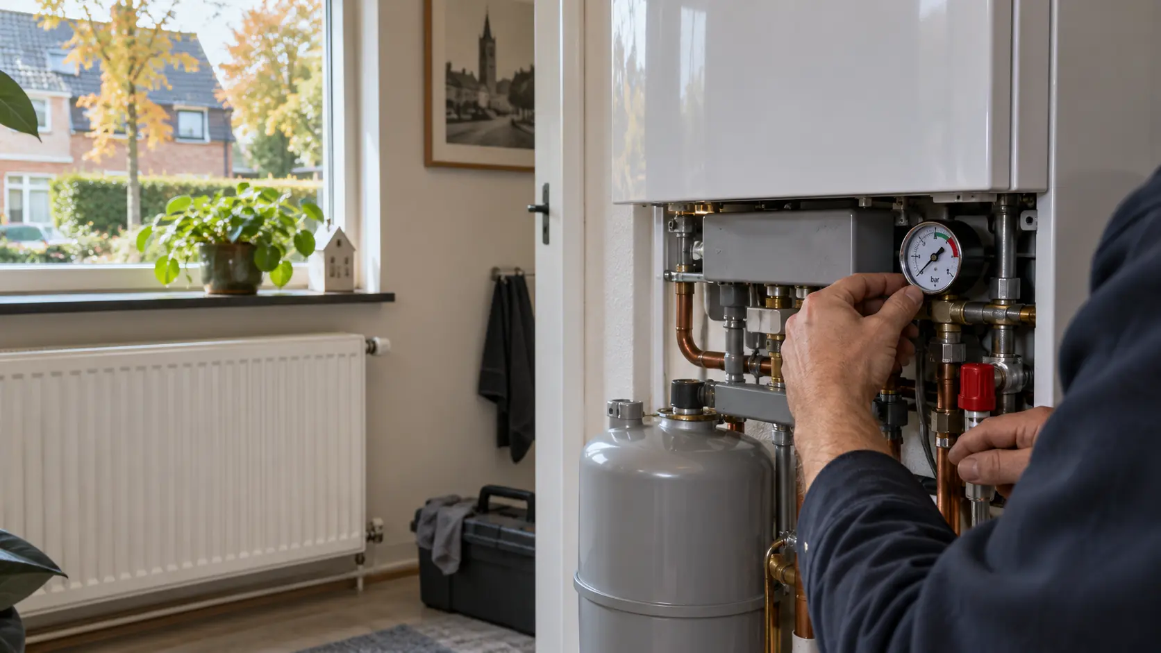 Monteur controleert cv-ketel en radiator voor de winter in Apeldoorn