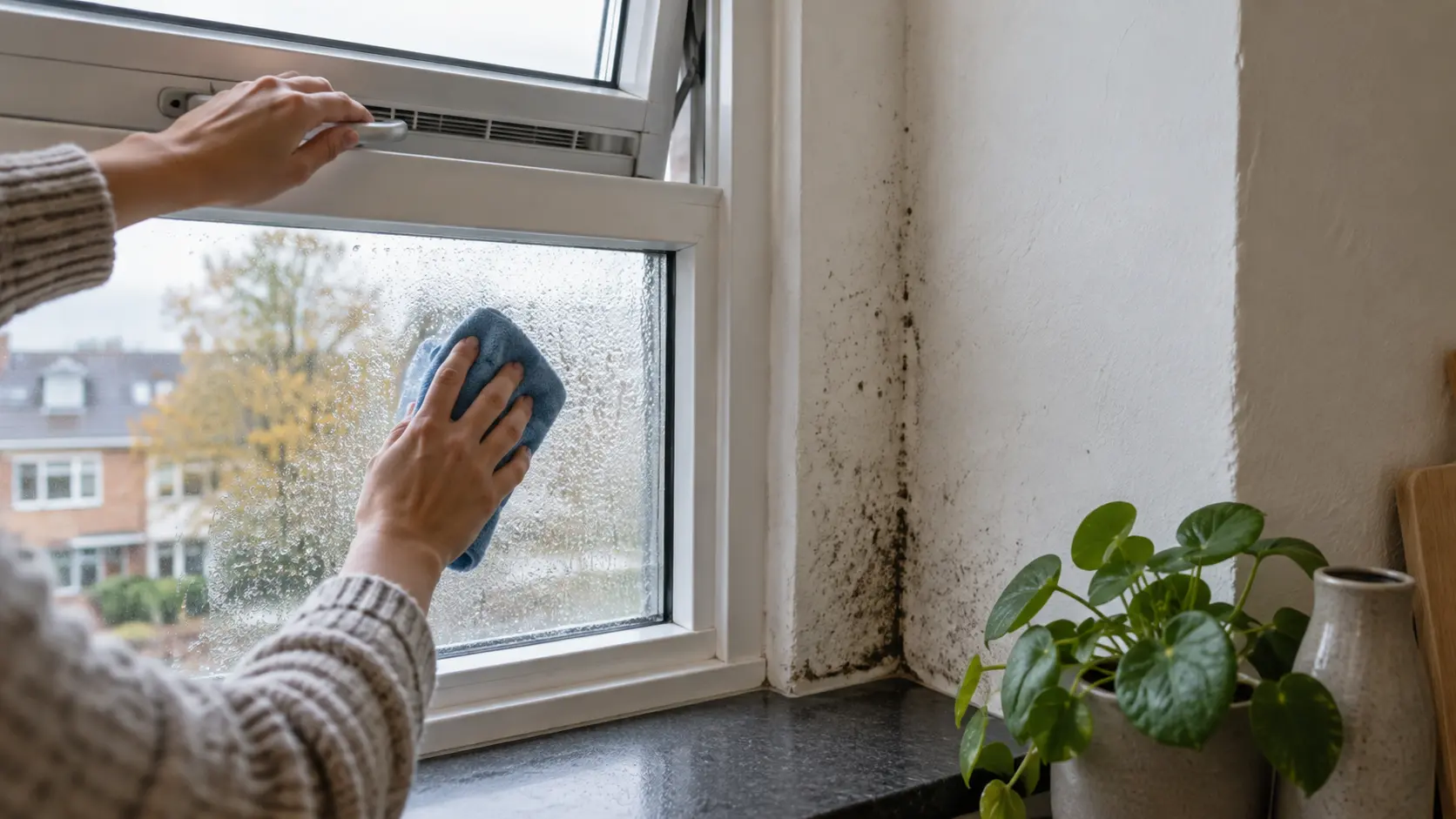 Vocht en beginnende schimmel bij een raam in een woning in Apeldoorn
