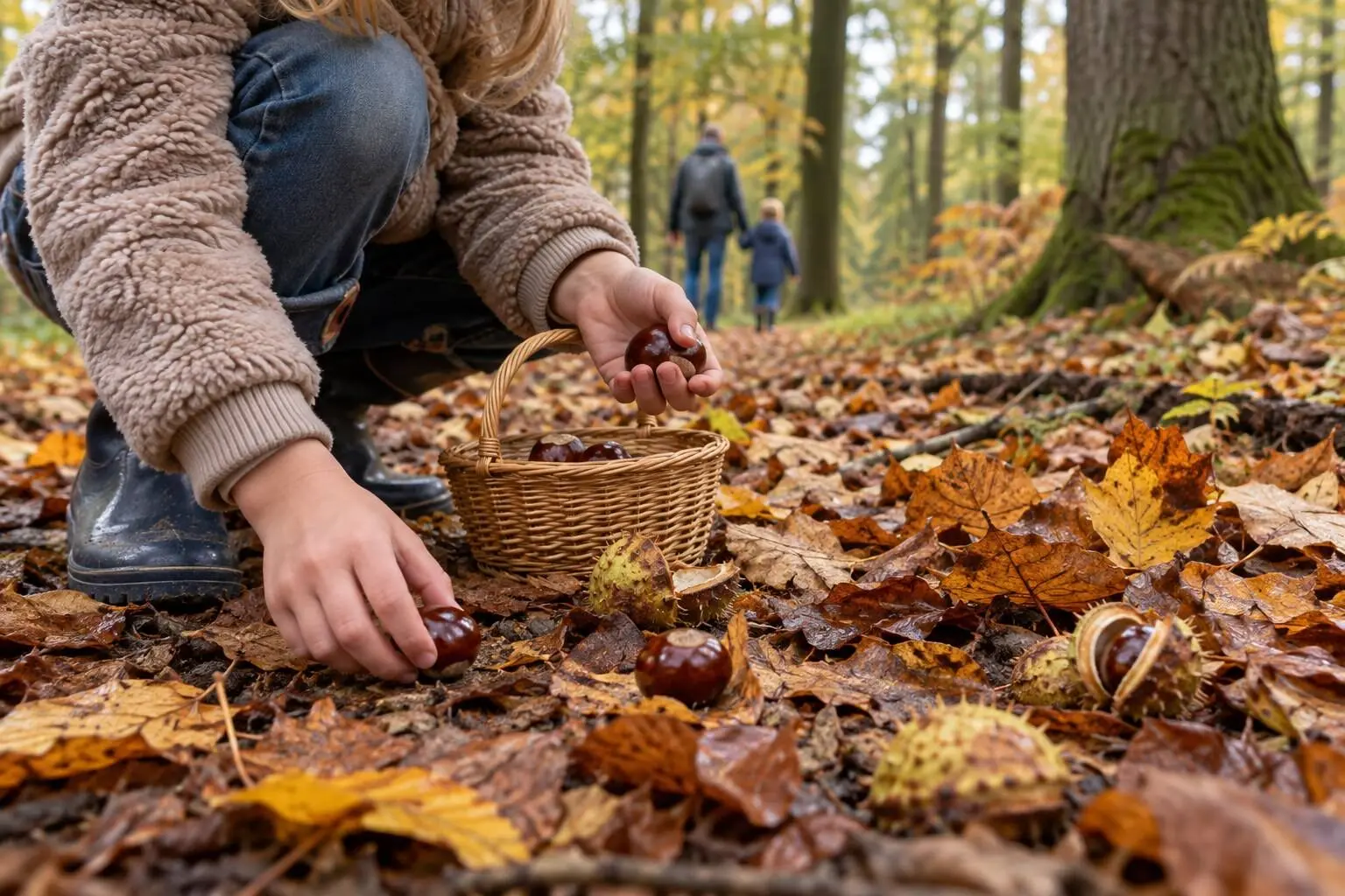 Kind raapt kastanjes in een herfstbos bij Apeldoorn
