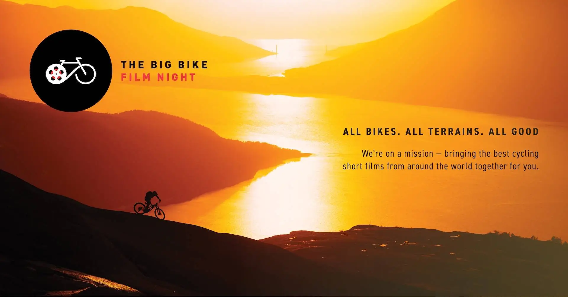 Promotiebeeld The Big Bike Film Night 2026 met fietser bij zonsondergang