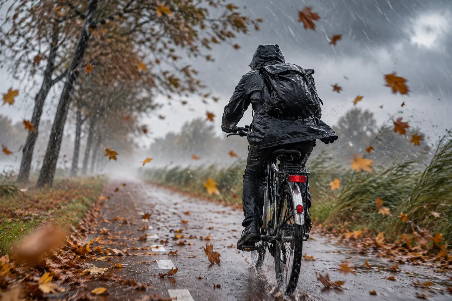 Fietser door de herfststorm