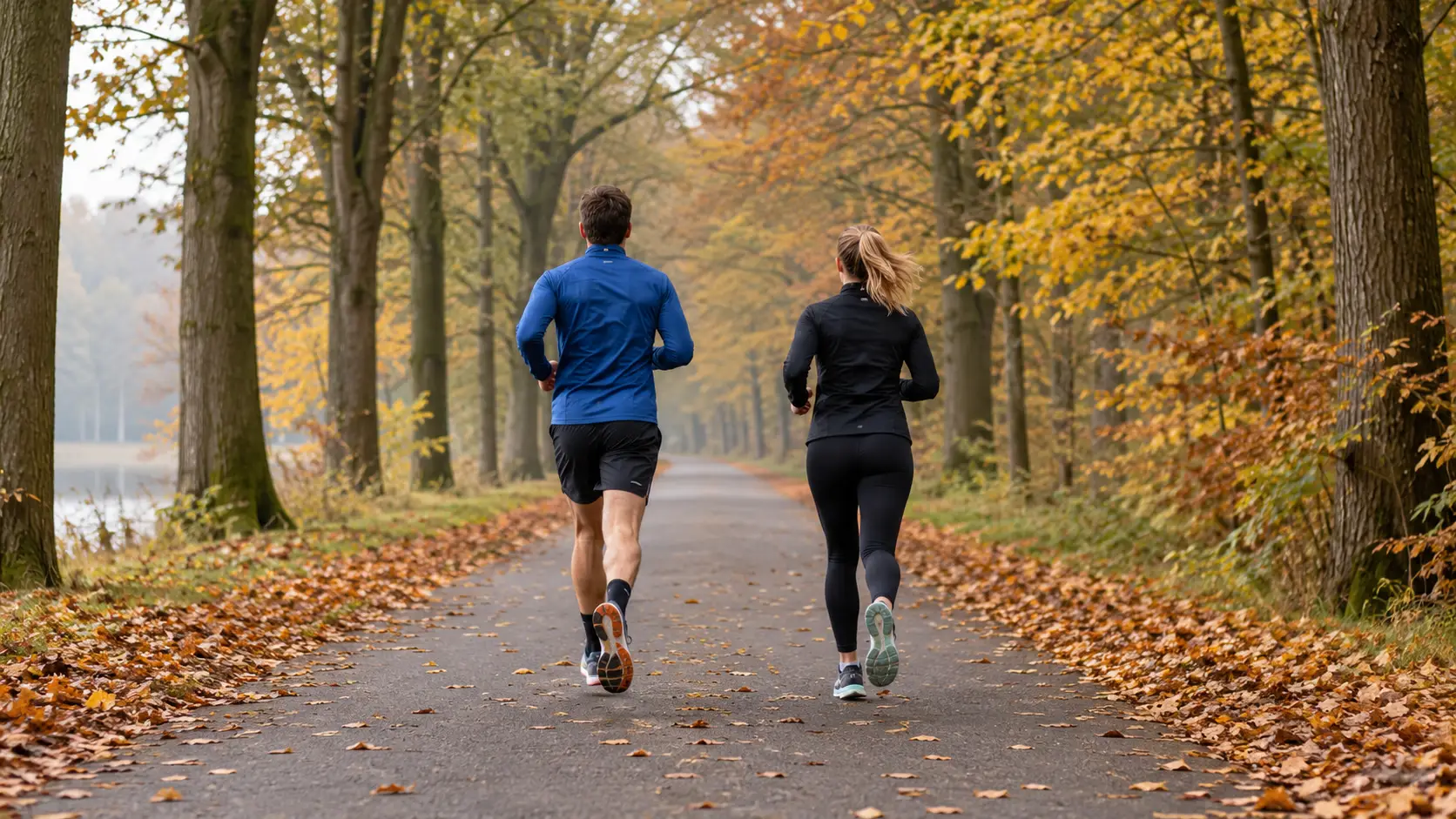 AI-illustratie van twee recreatieve hardlopers op een boomrijke laan in de herfst