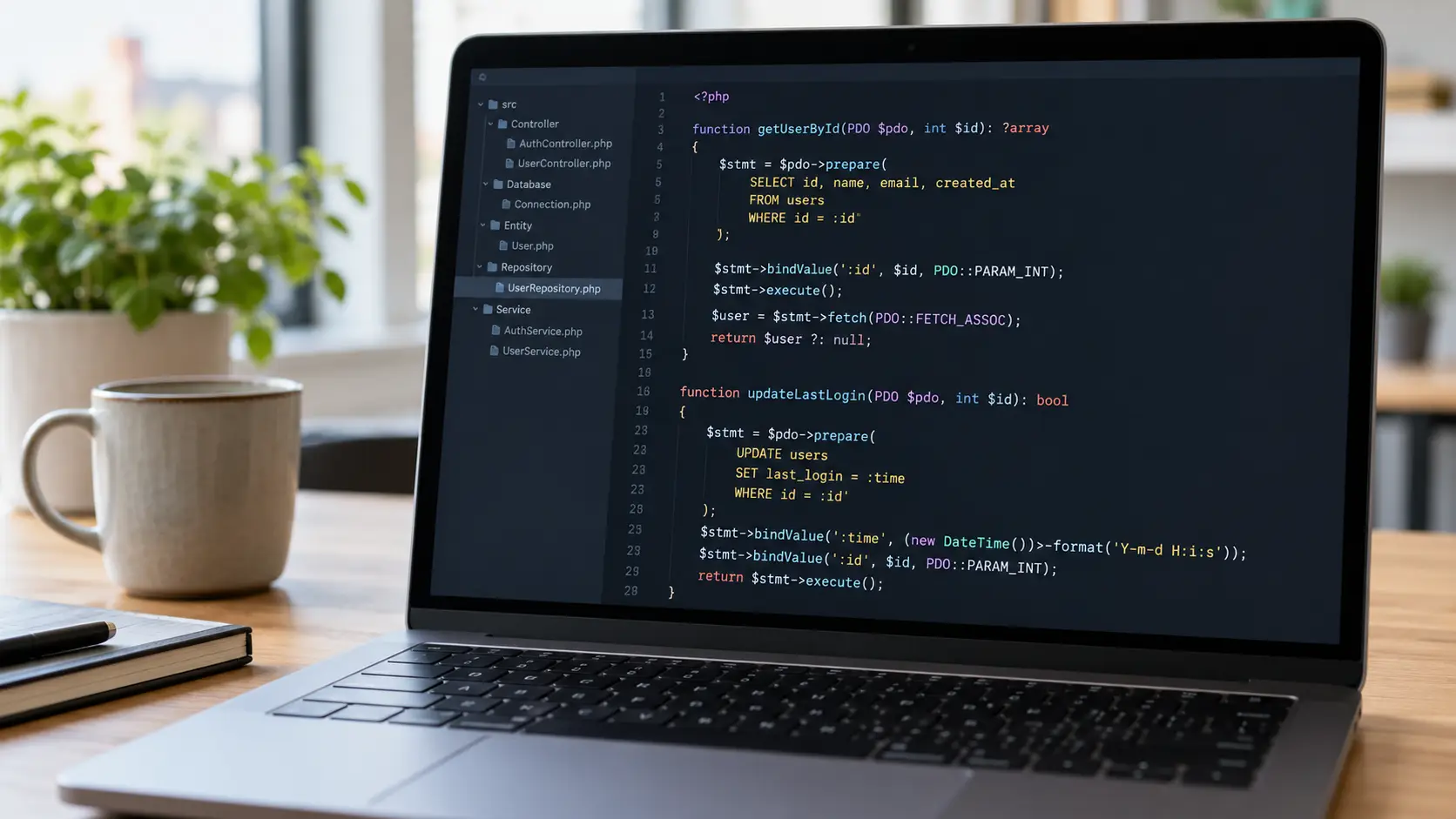 AI-illustratie van een laptop met PHP-programmeercode op het scherm