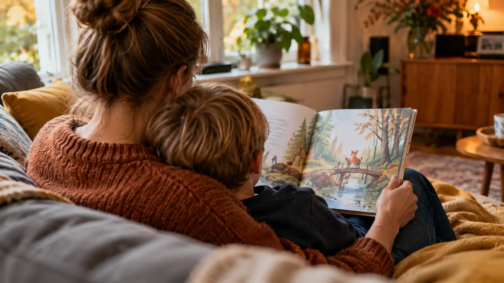 Een volwassene leest samen met een kind op de bank.