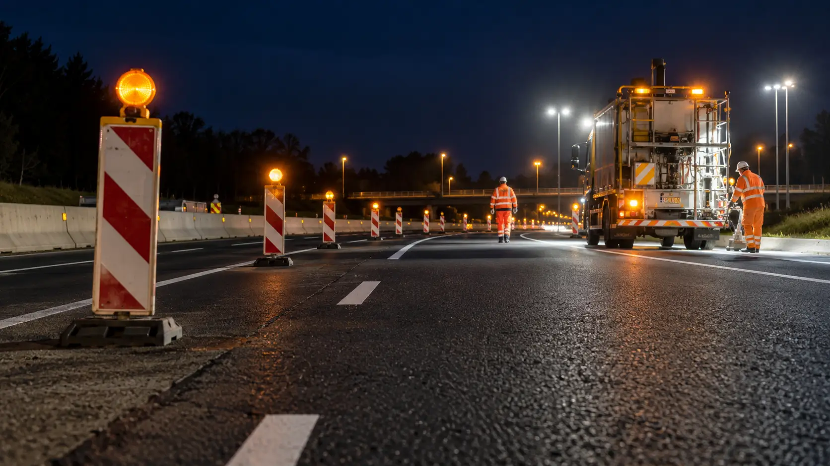 Wegwerkers, afzettingen en een onderhoudsvoertuig op een snelweg in het donker