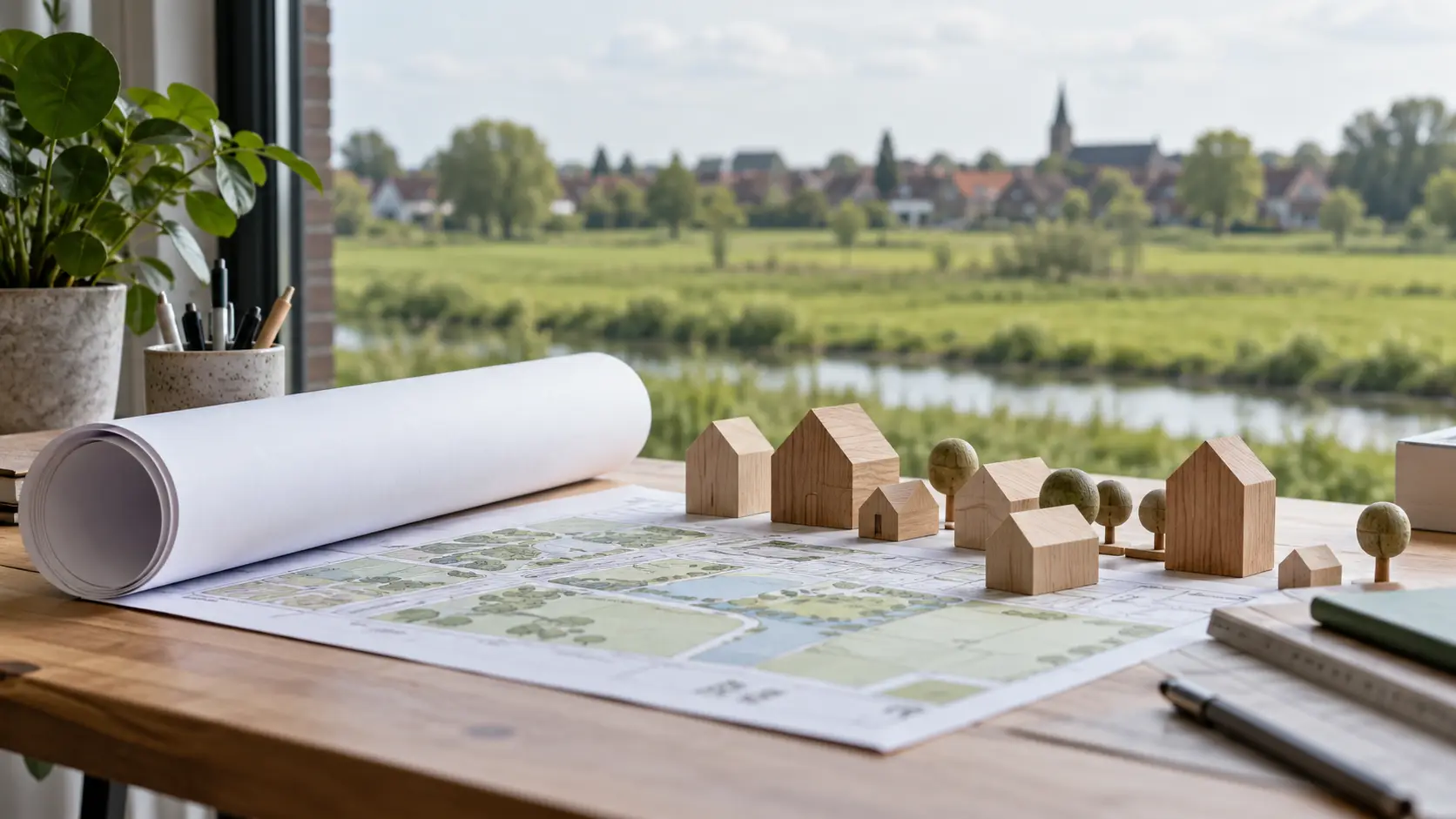 Groen landschap aan een stadsrand. AI-illustratie, geen weergave van een concreet bouwplan.